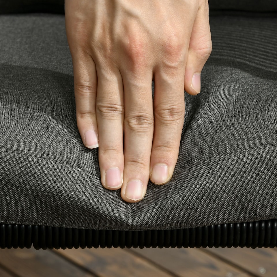 image 1 of Outsunny 4 Seater Rattan Cube Garden Furniture Set, Rattan Dining Set with Cushions, Outdoor Dining Table and Chairs with Rectangular Wood Grain Plastic Top Table for Patio, Balcony, Black