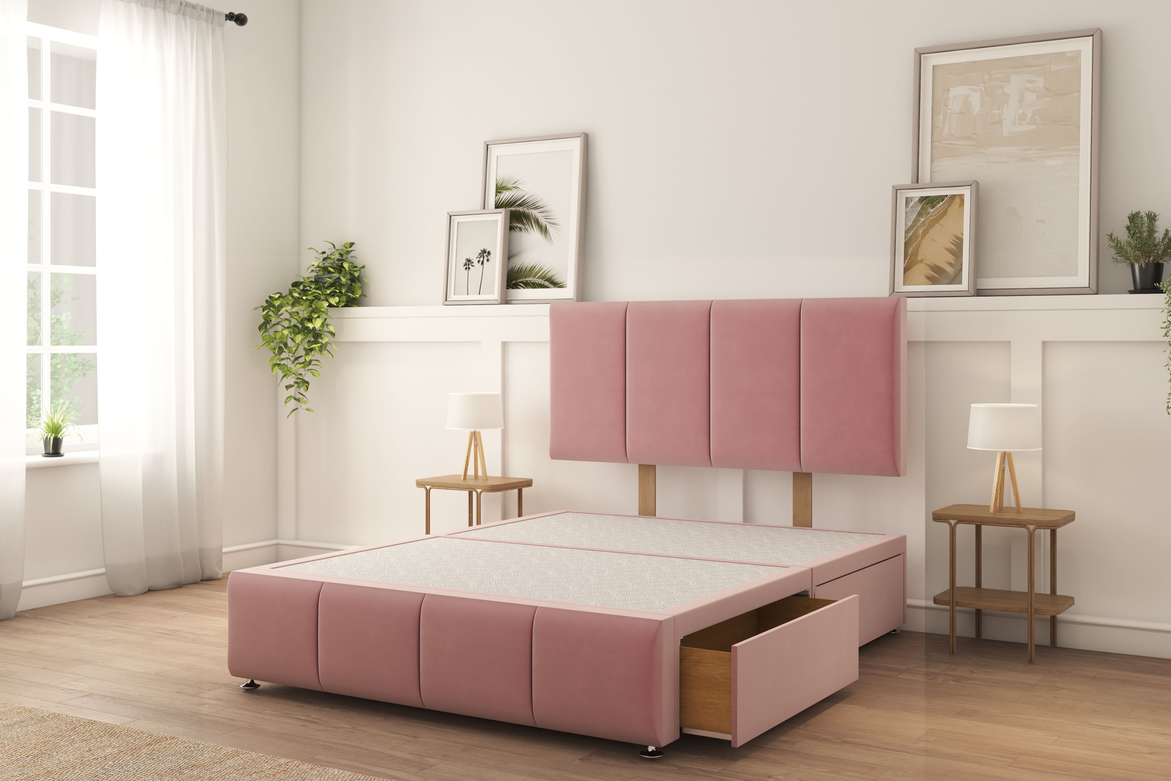 Sloomy Lisbon Pink Plush Divan Bed Base 2 Drawers Foot-End With 26" Strutted Headboard & 12" Footboard 4'6 Double