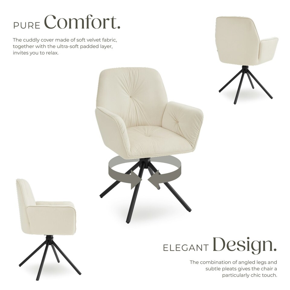 image 1 of Swivel Chair Lenia - upholstered, padded, 56.5 x 54 x 86 cm - Set of 2 Cream | Velvet Cream/Black