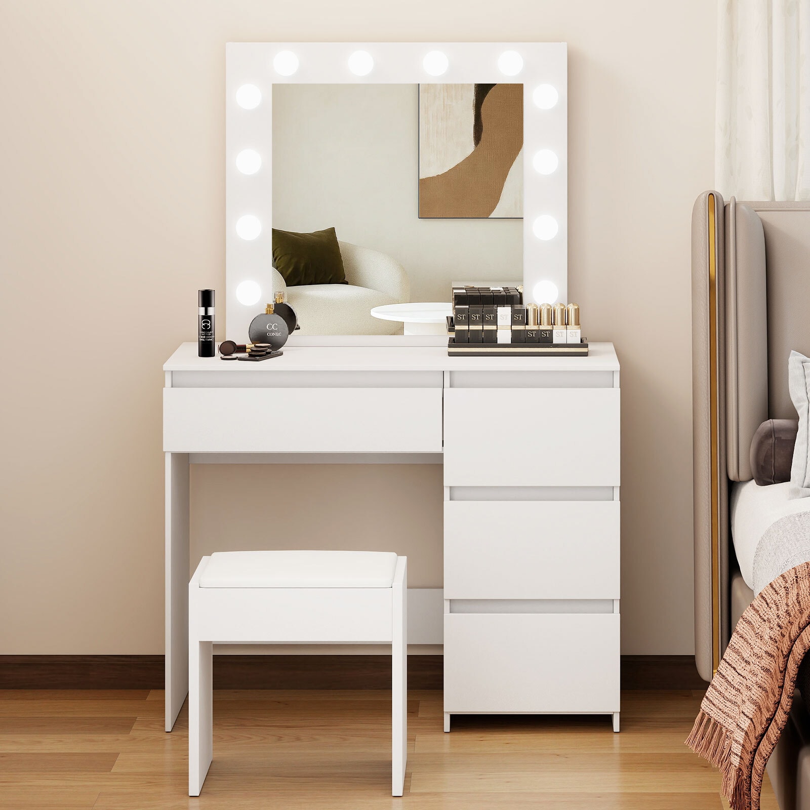 Levede Dressing Table Vanity Set Stool Makeup LEDs Mirror Jewellery Organizer | White