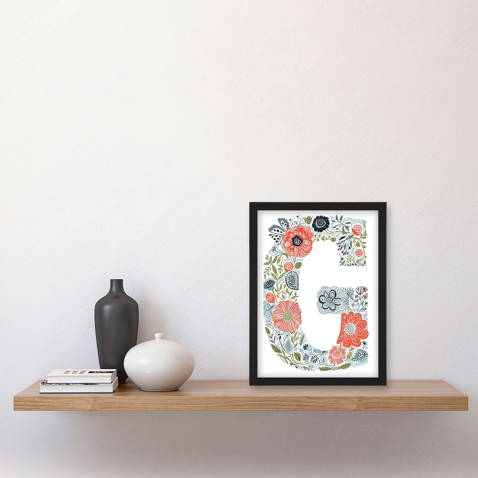 image 1 of Letter G in Flowers Floral Birthday Gift Mum Black Framed Wall Art Print A4