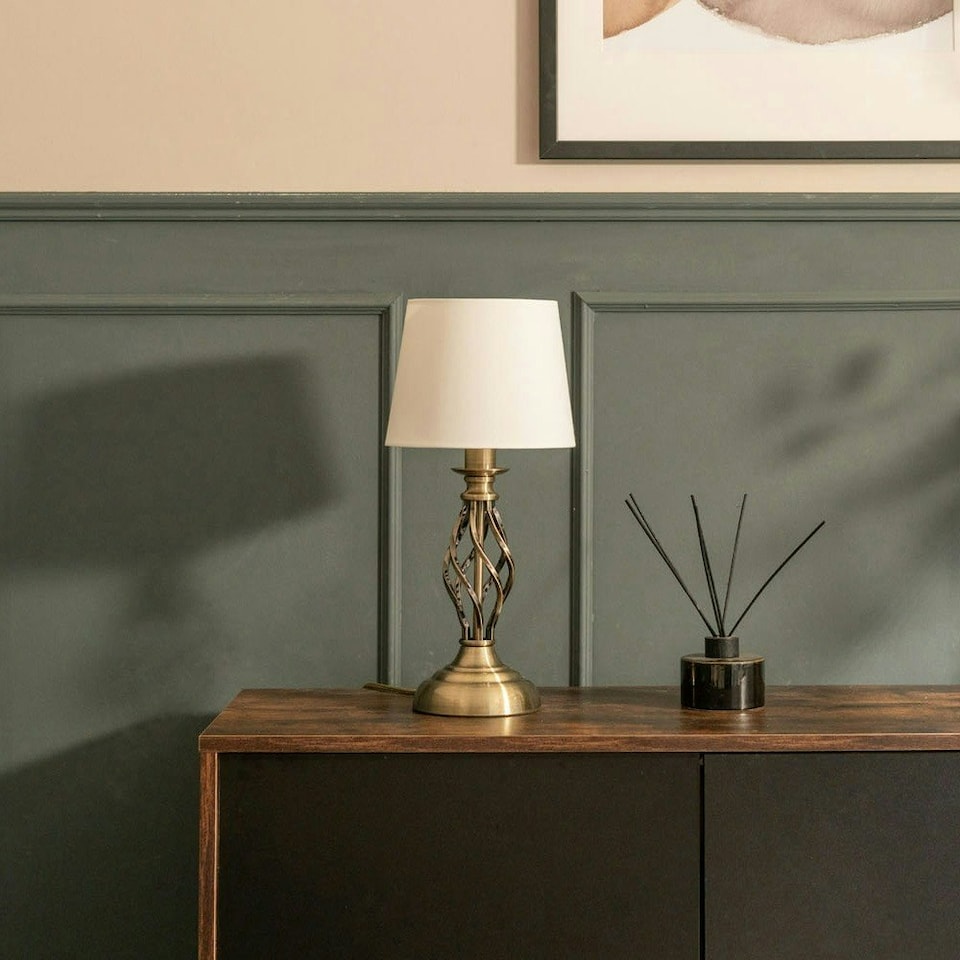 image 1 of ValueLights Memphis Pair of Antique Brass Twist Table Lamps with a Fabric Lampshade Bedside Light