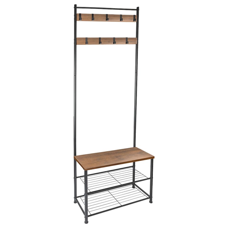 image 1 of Harbour Housewares Square Steel Coat Rack with Shoe Storage Bench - Black/Brown | Brown | Black/Brown | One Size
