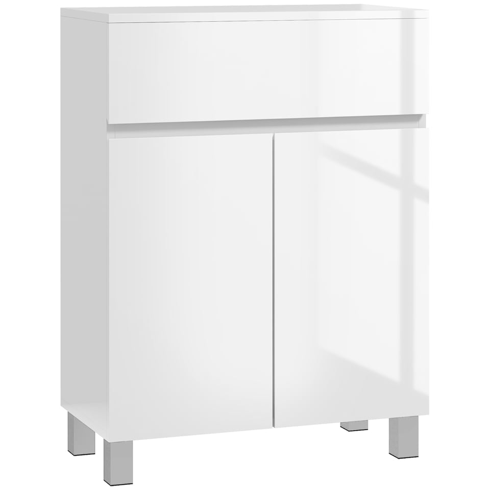 image 1 of kleankin High Gloss Bathroom Floor Cabinet Storage Cupboard with Drawer | White