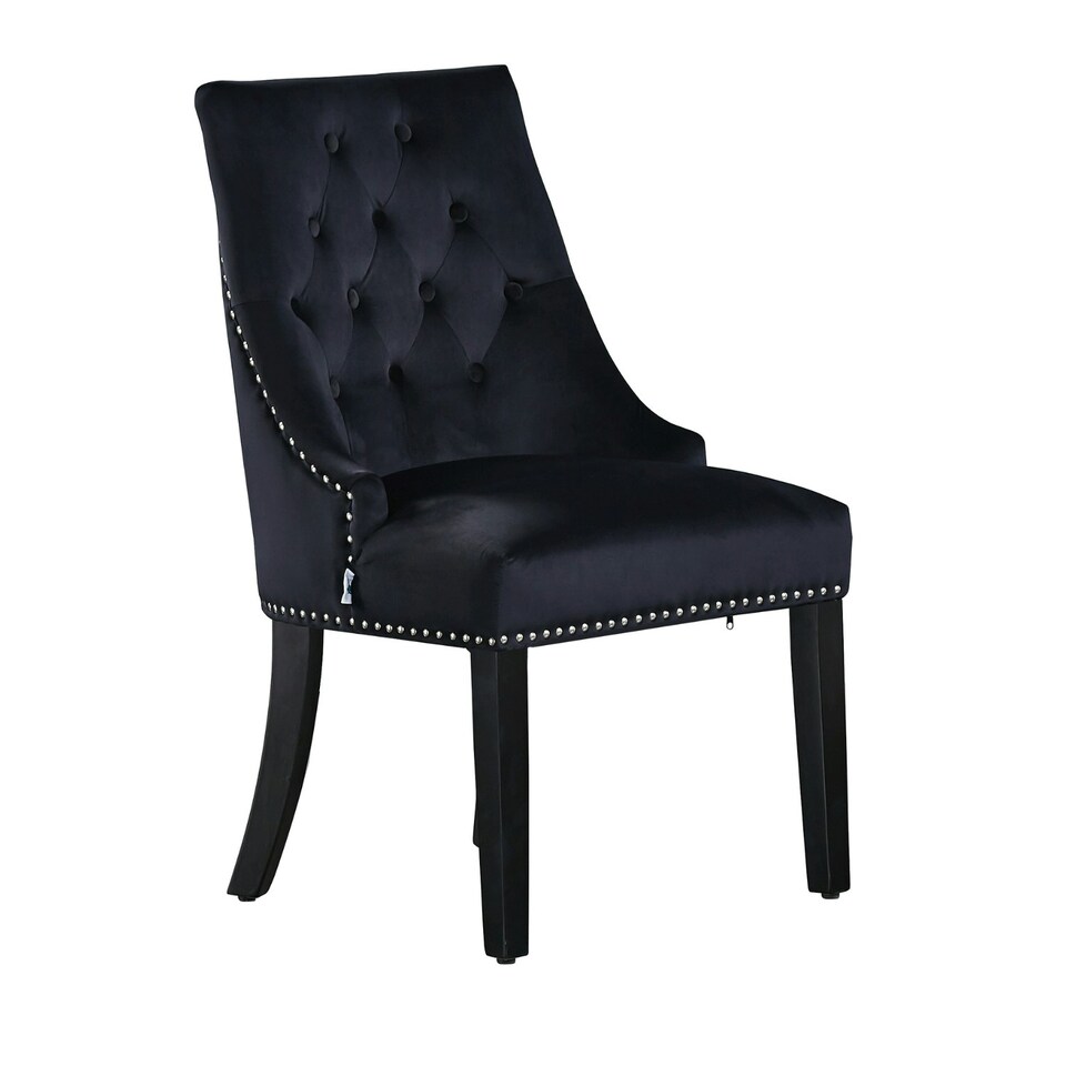 image 1 of Single Velvet Dining Chair Ergonomic Scoop Knockerback & Button Tufted Wood Legs Black