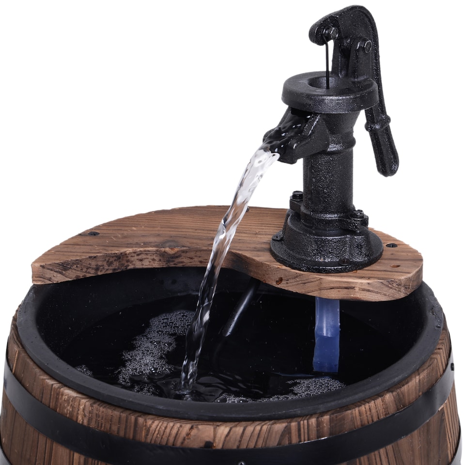 image 1 of Outsunny Wood Barrel Pump Garden Fountain Water Feature Flower Planter Stand New