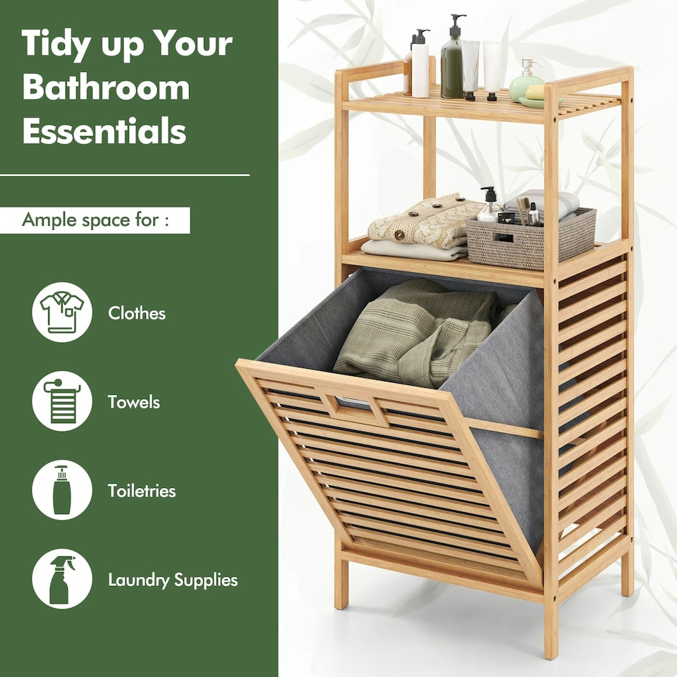 image 1 of COSTWAY Tilt out Laundry Hamper Laundry Basket w/Shelves | Brown