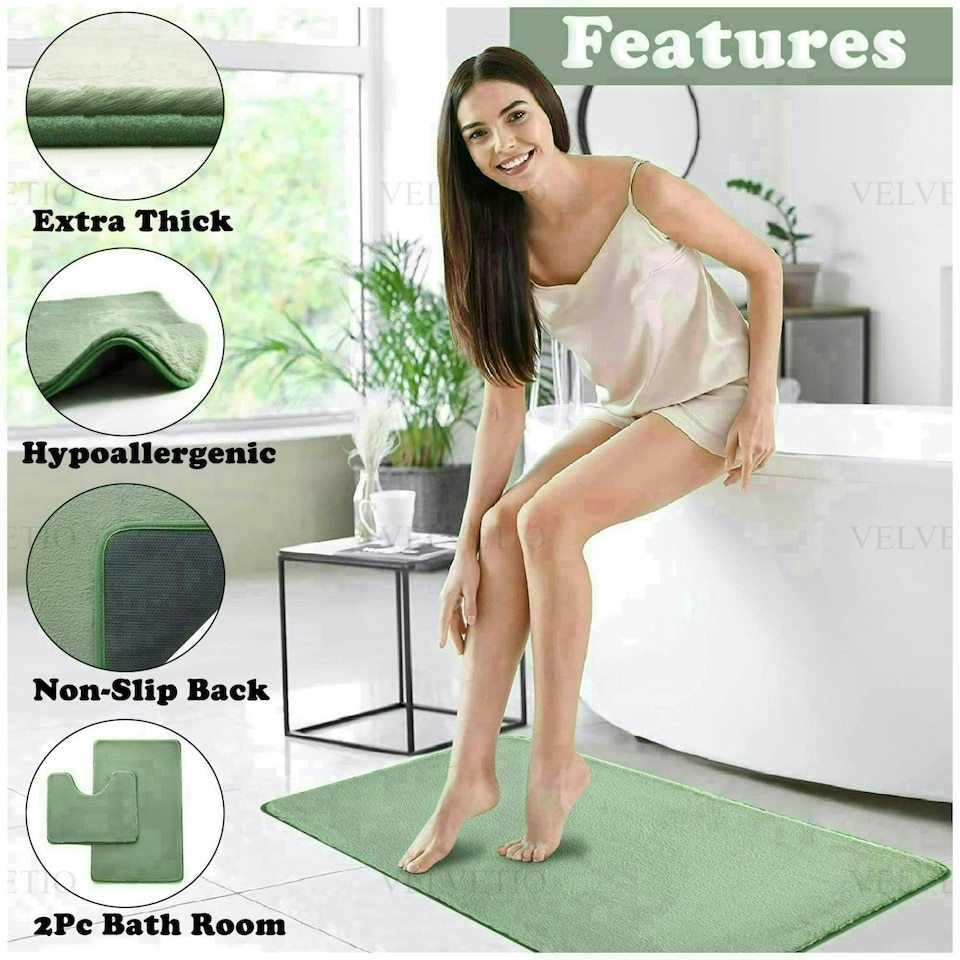 image 1 of VELVETIO Faux Fur Bath Mat Set Shaggy Super Soft Plush Anti Slip PVC Back Green | Sage Green