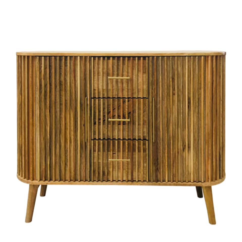 image 1 of Slated 2 Door 3 Drawer Sideboard - Mango Wood - L45 x W164 x H80 cm - Light Finish - Assembly Required | Brown