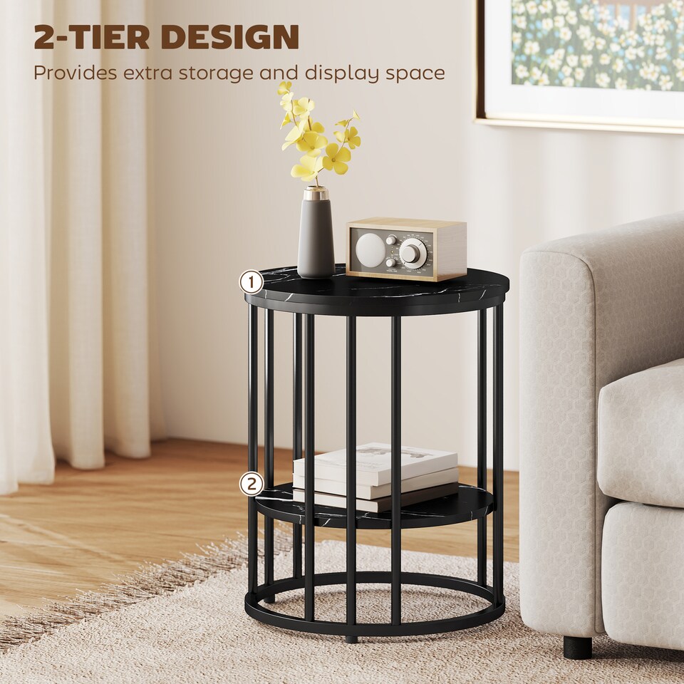 image 1 of HOMCOM Round Coffee Table Set of 2, Marble-Effect Side Tables with Storage Open Shelf and Steel Frame for Living Room, Bedroom, Black Marble Effect