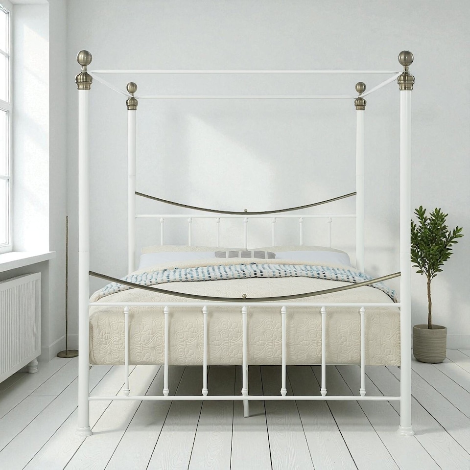 image 1 of Marylebone Traditional Four Poster Canopy Metal Bed Frame | White | White & Brass | King