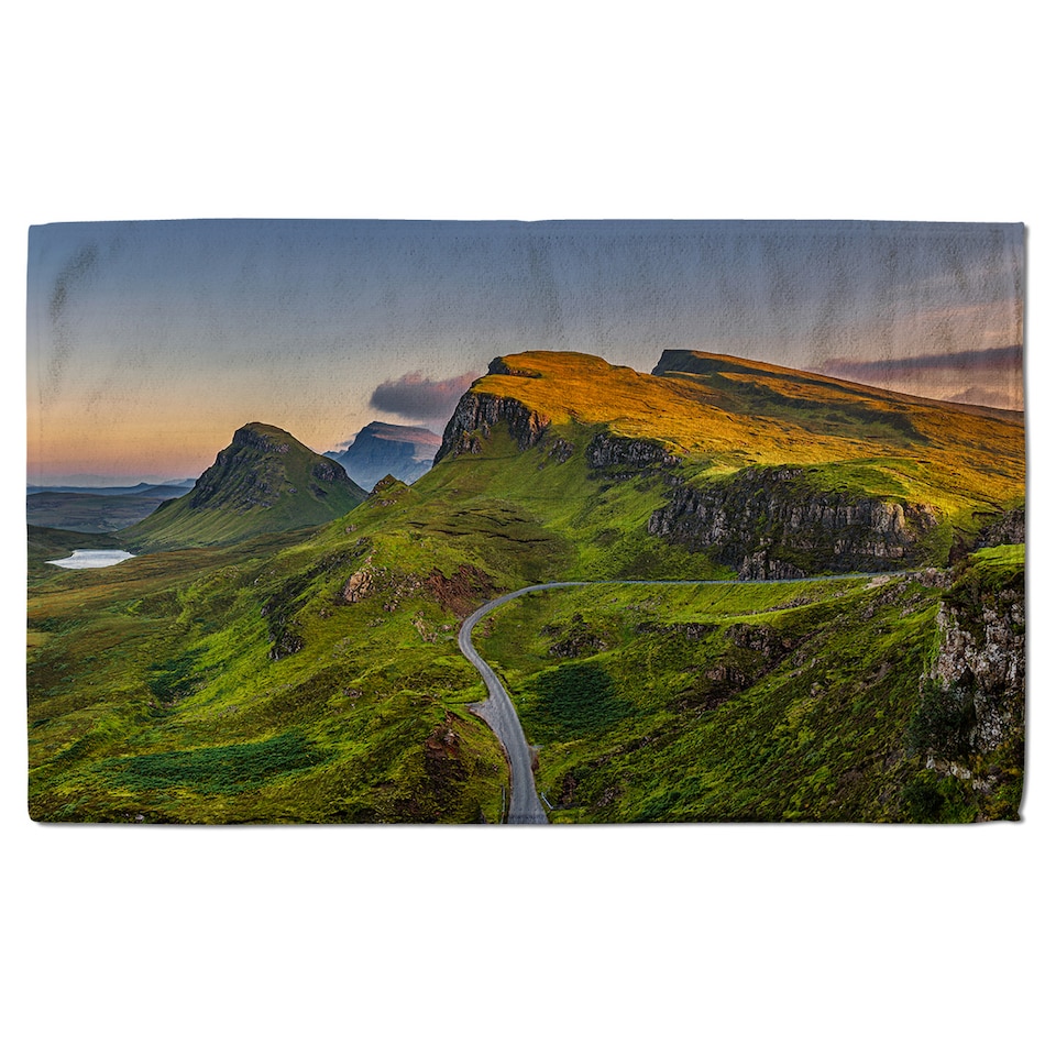 image 1 of Panorama of Quiraing mountains sunset at Isle of Skye, Scottish highlands Designer Bath Towel | Multi