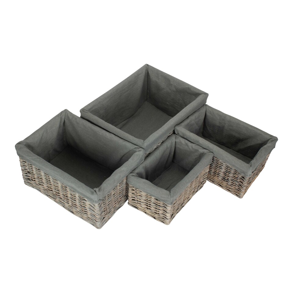 image 1 of Set of 4 Grey Wash Grey Cotton Lined Willow Storage Baskets | Brown | Grey | Not provided | 4