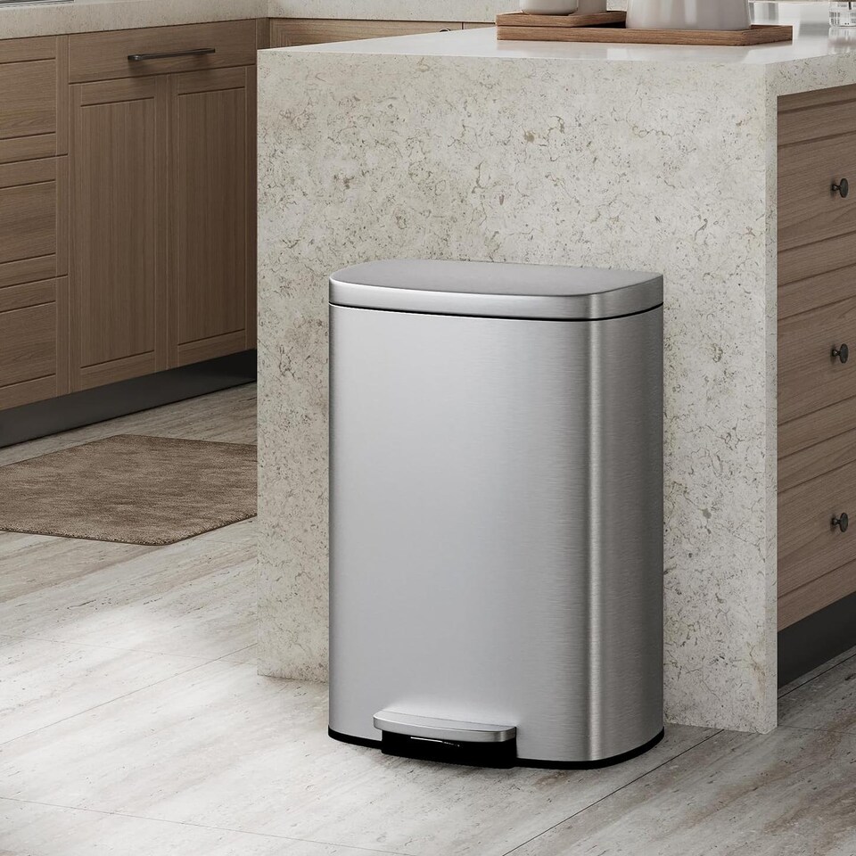 image 1 of London Boutique 50L Stainless Steel Pedal Bin Kitchen Trash Can w/ Removable Inner Bucket - Silver