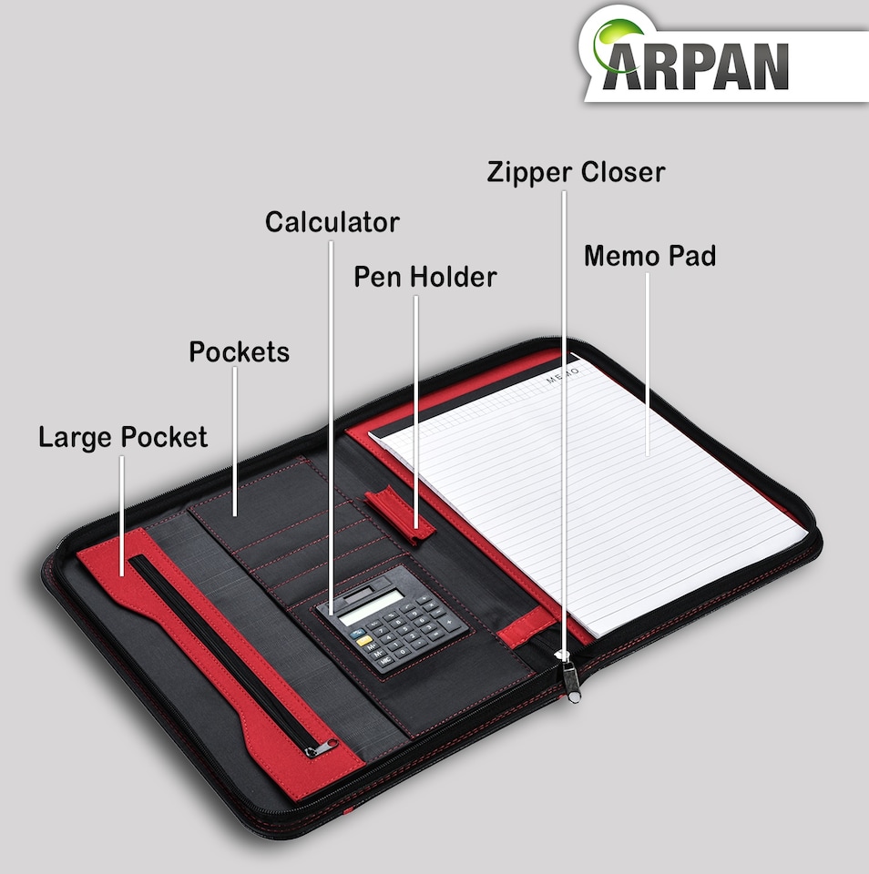 image 1 of A4 Zipped Conference Folder – Executive Portfolio with Calculator, Writing Pad, Pen Holder & Document Storage – Professional Faux Leather Business Organiser for Office, Meetings & Interviews
