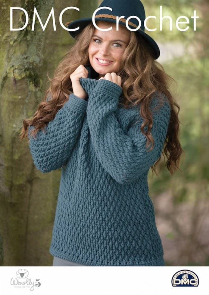 DMC Woolly 5 Merino Wool Snuggle Up Sweater Crochet Pattern , Sweaters for Women - 32 - 42 Inches - Intermediate