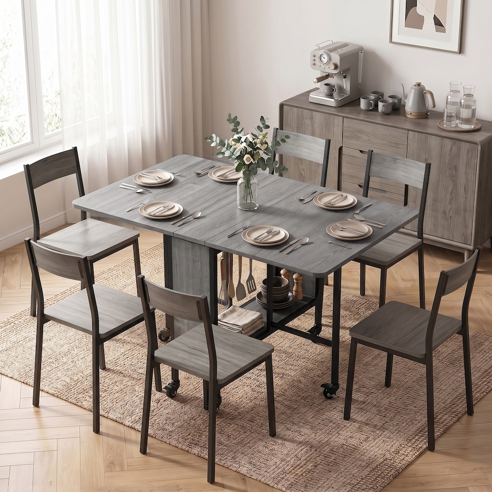 image 1 of HOMCOM Mobile Drop Leaf Table, Folding Dining Table with 6 Wheels & Storage Shelf for Small Spaces, Kitchen, Dining Room, Grey