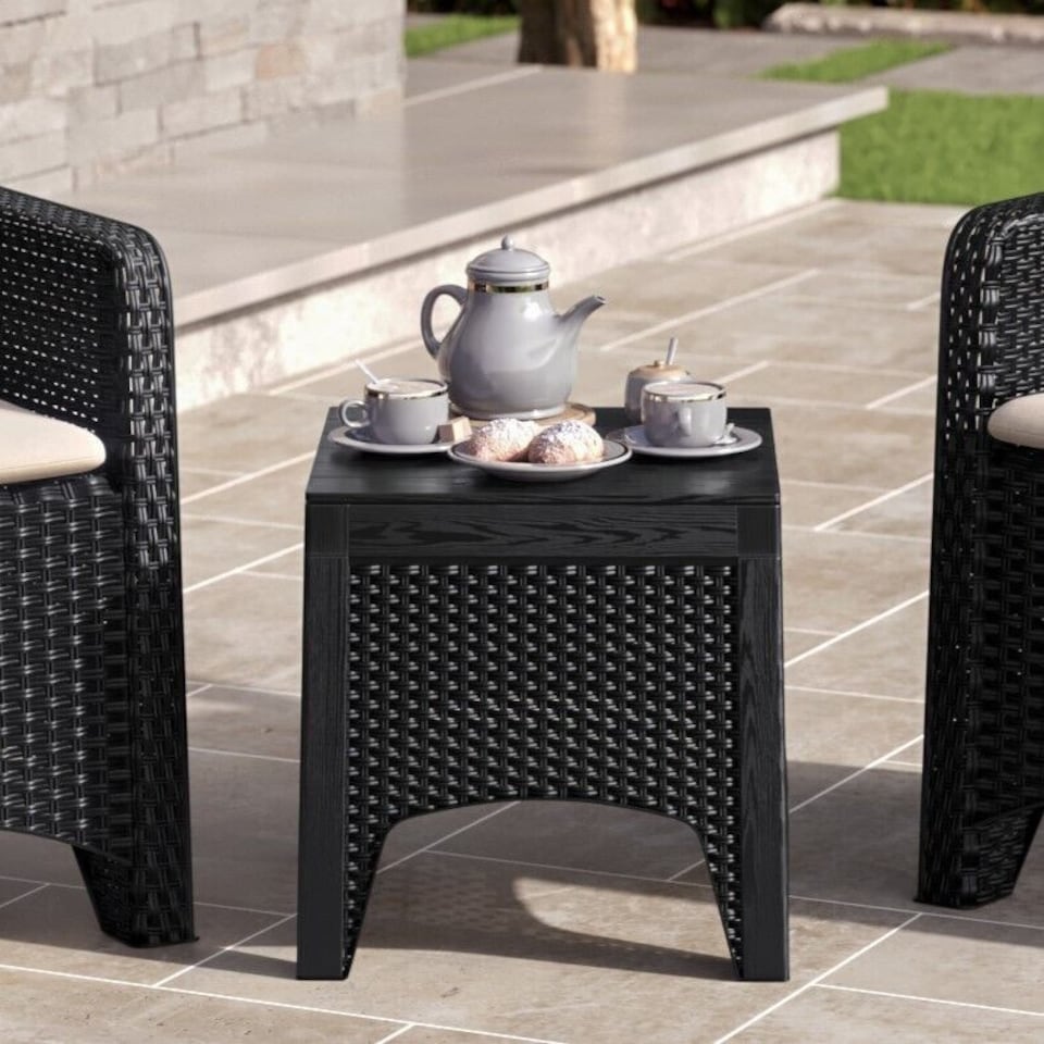 image 1 of Rattan Effect Square Garden Side Table - Black