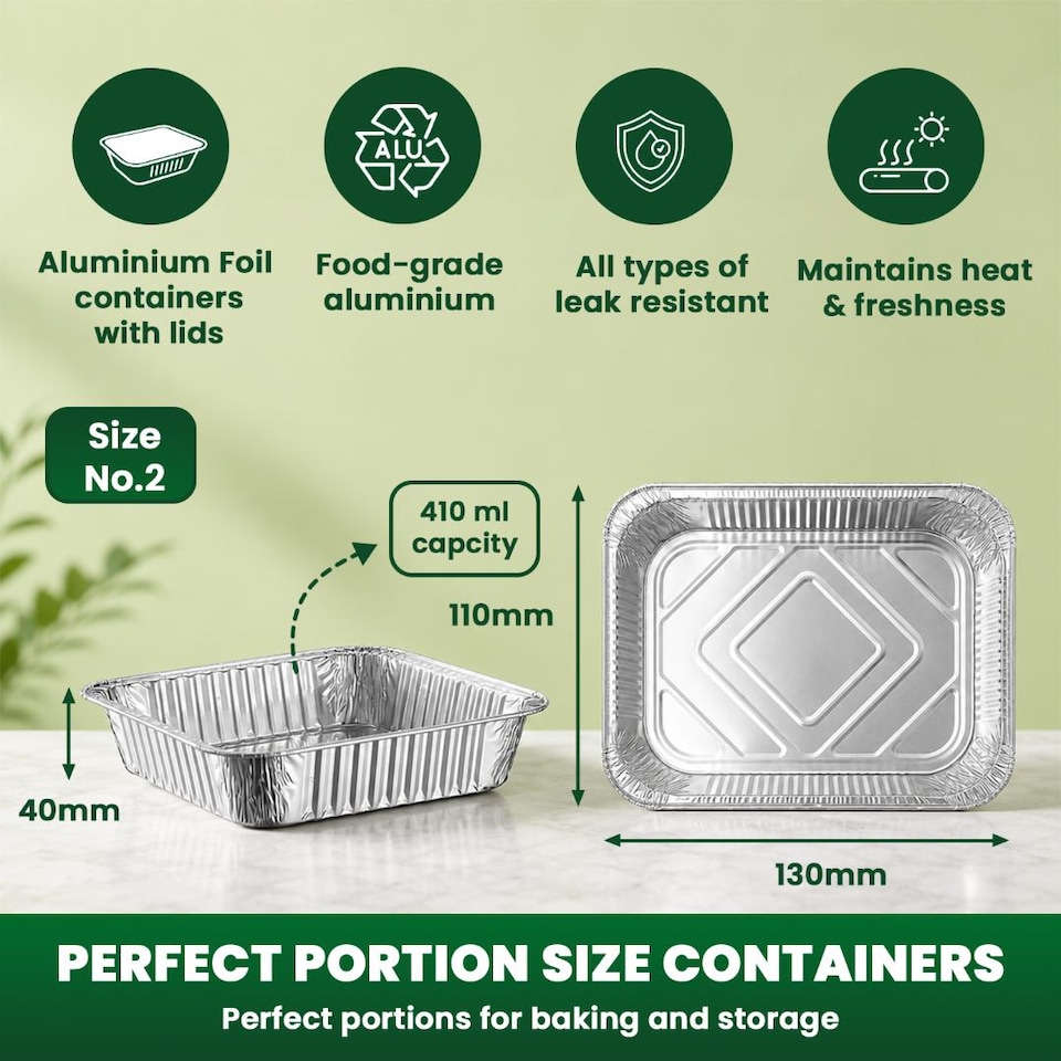 image 1 of ECONX No.2 Aluminium Disposable Foil Food Container With Lids Reusable Takeaway Containers 100PC