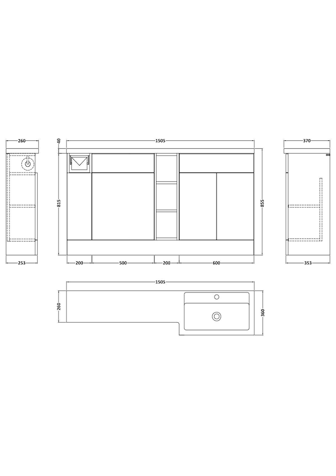image 1 of Balterley Wichnor Floor Standing 3 Door, Open Shelf Vanity Basin WC Unit with Toilet Roll Holder and Polymarble Basin, 1500mm, Right Hand, Pebble Grey
