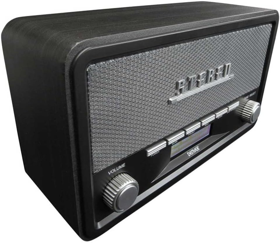 image 1 of Vintage Style Stereo DAB/DAB+ & FM Radio – Grey Wood Cabinet, Bluetooth, Clock Radio Alarm, AUX IN for Smart Phone/Tablet / MP3 Player – Mains or Battery