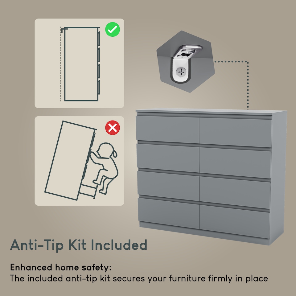 image 1 of Vida Designs Denver 8 Drawer Chest of Drawers Bedroom Storage, Grey