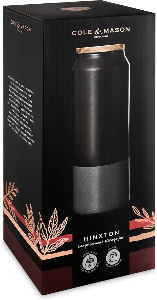 image 1 of Cole & Mason Hinxton Black/Grey Large Food Storage Jar with Lid, Space Saving Food Container Ceramic/Acacia/Silicone, (H)295 mm x (D)110 mm