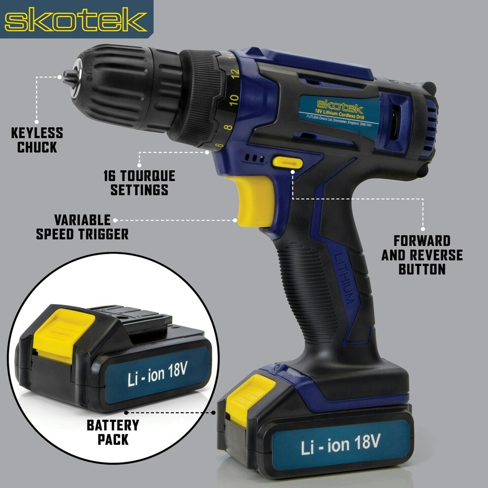 image 1 of Skotek 18V Cordless Drill & 13 Piece Screwdriver Set Including Battery, Charger & Carry Case