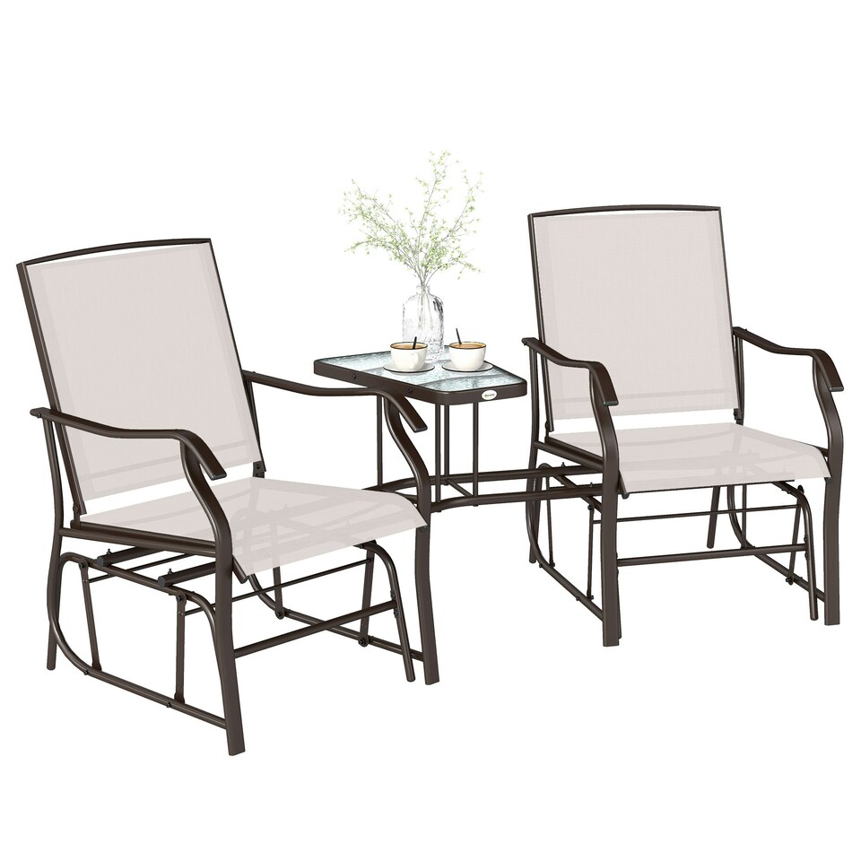 image 1 of Outsunny Double Glider Companion Rocking Chairs Loveseat Garden Table Beige