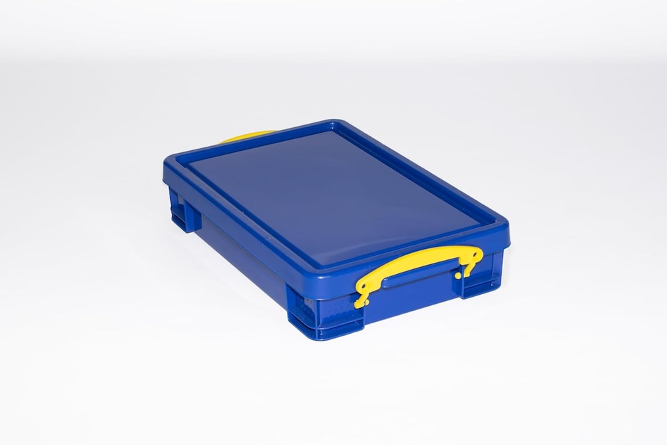 image 1 of 4 x Really Useful 4 Litre Storage Boxes Blue With Yellow Handle - Opaque Blue