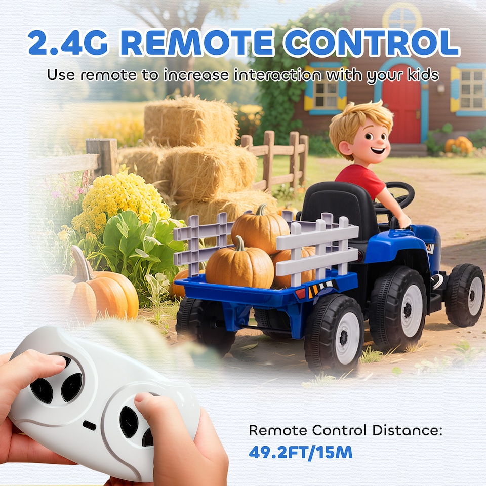 image 1 of HOMCOM Ride On Tractor with Detachable Trailer, Remote Control, Music, Blue