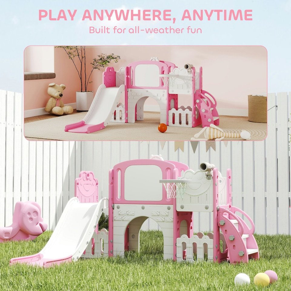 image 1 of AIYAPLAY 7 in 1 Toddler Slide Set, Frog Theme Playset with Basketball Hoop