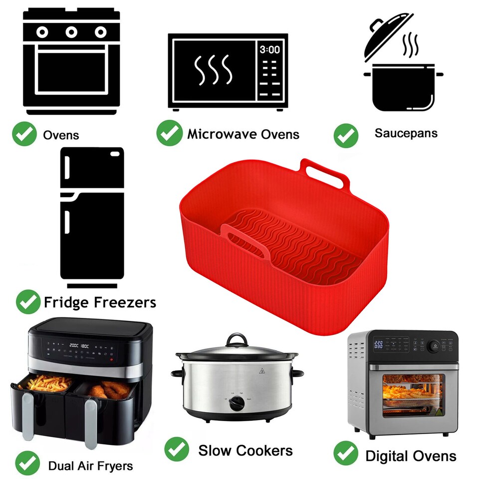 image 1 of SPARES2GO Silicone Basket Drawer Liners for Ambiano Dual Air Fryer (Pack of 2, Red)