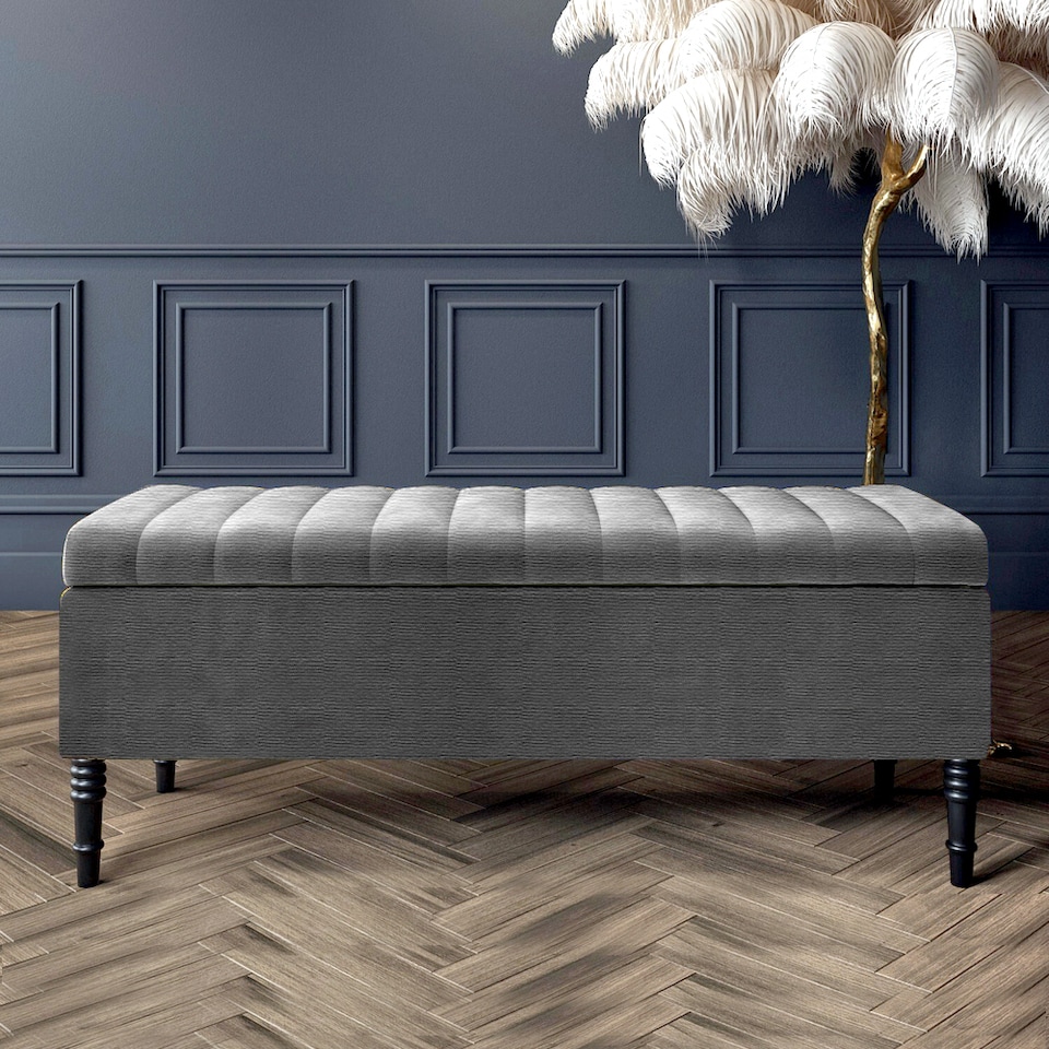 image 1 of 150cm Paris Striped Ottoman Storage Bench -Upholstered Shoes Bench with Black Turned Wooden Legs - Dark Grey Naple Ottoman Bench