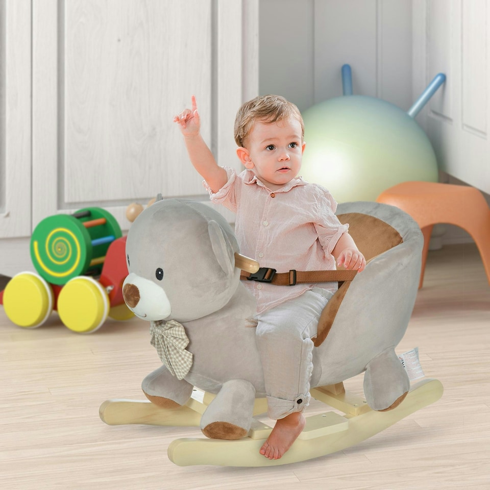 image 1 of HOMCOM Kids Rocking Bear Plush Ride On Seat w/ Sound Button Wood Base Seat Belt