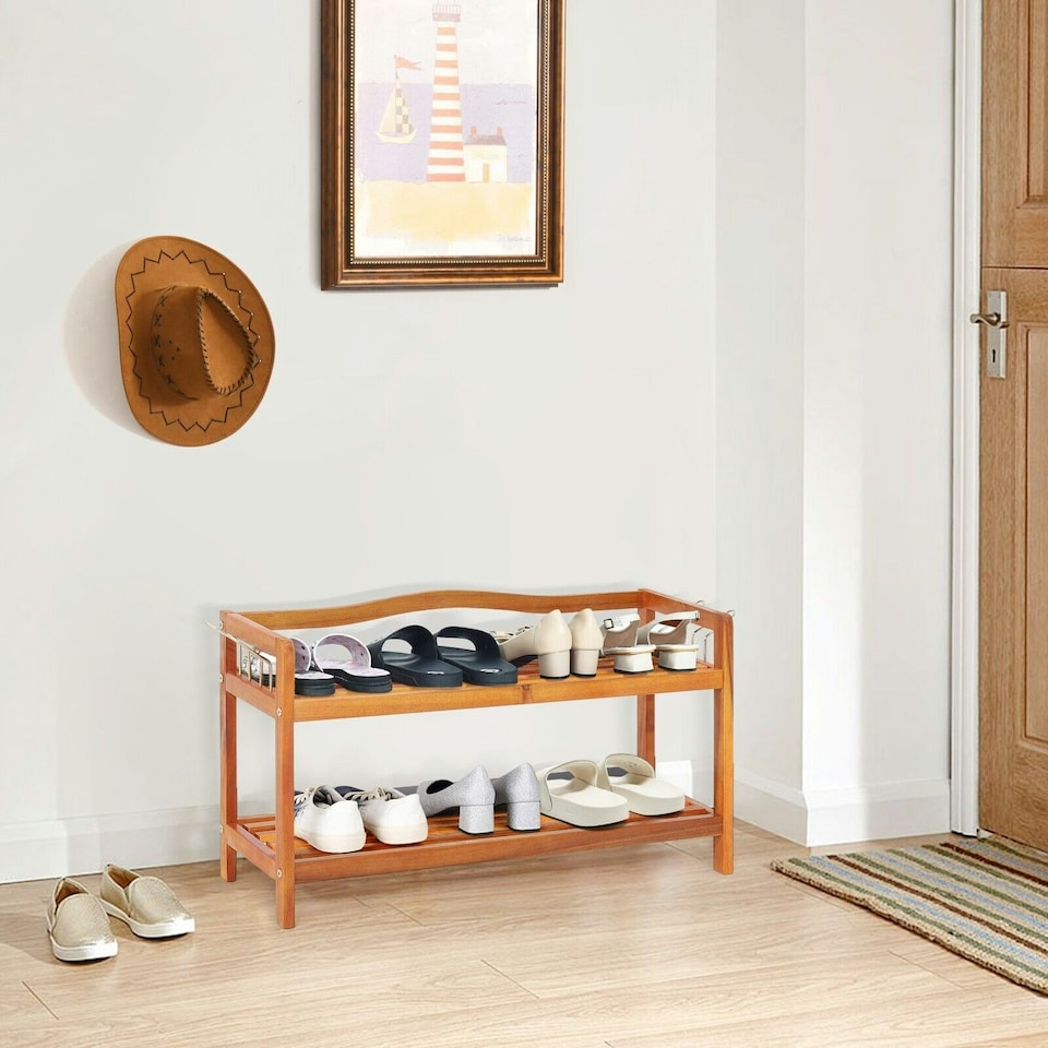 image 1 of COSTWAY 2-Tier Wood Shoe Rack Solid Shoe Storage Shelf Brown
