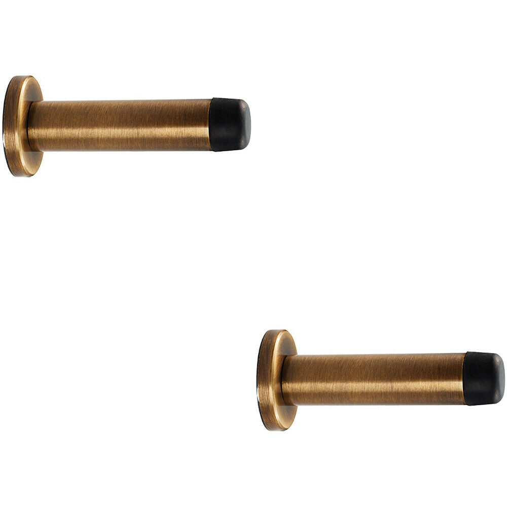 Loops 2x Rubber Tipped Doorstop Cylinder with Rose Wall Mounted 70mm Antique Brass in Metallics