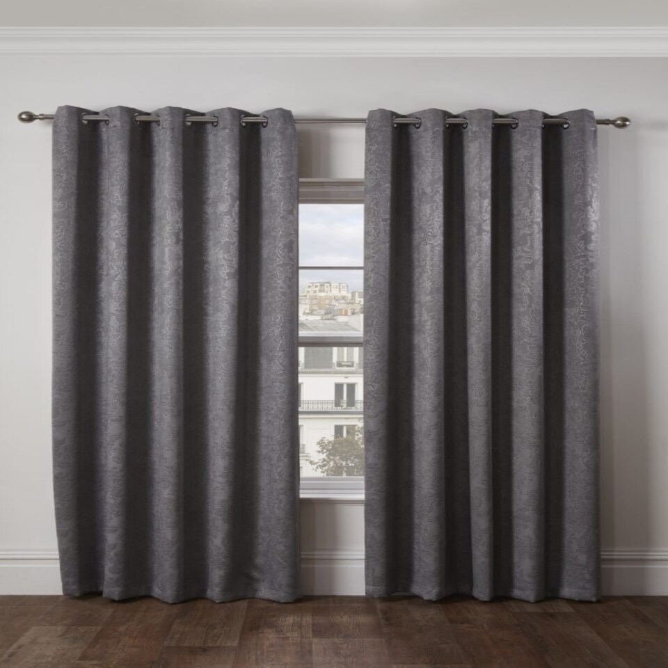 image 1 of Royal Damask Elegant Woven Blackout Eyelet Curtains 168cm x 228cm Silver Grey | Grey