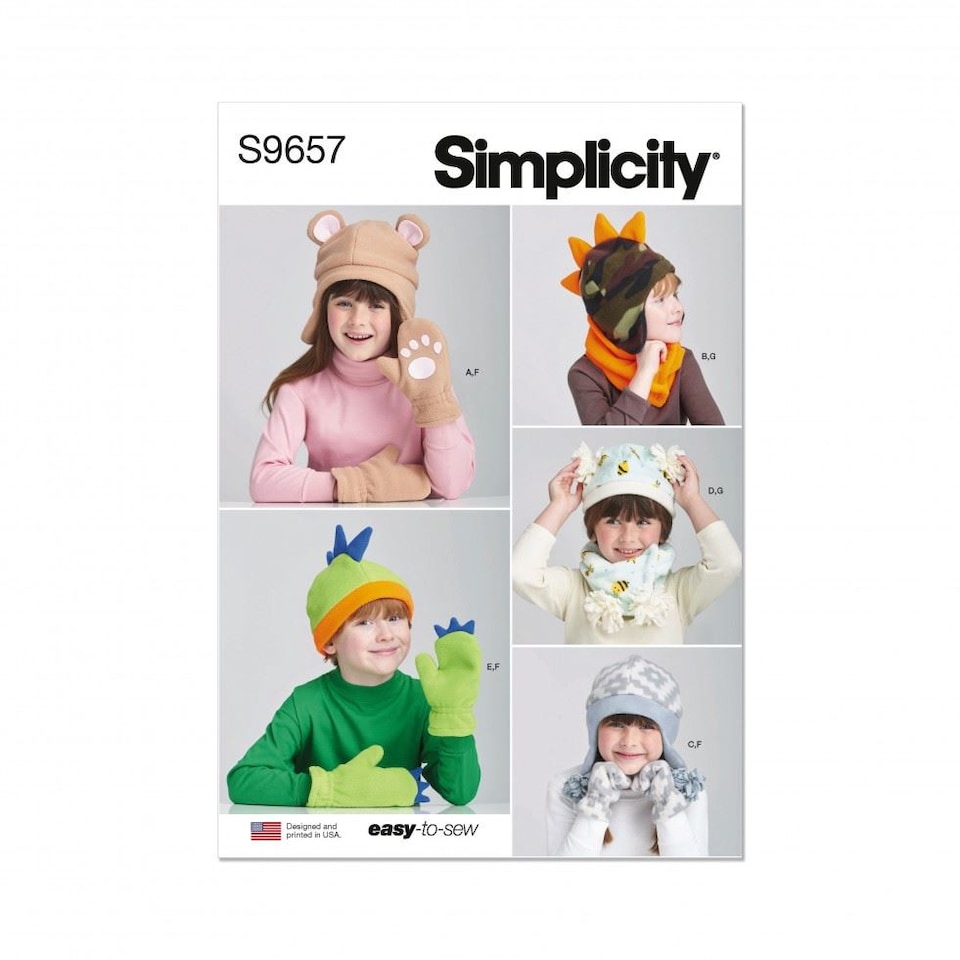 image 1 of Simplicity 9657 Paper Sewing Pattern – Children’s Headwear & Gloves, Size A (S–M–L), Easy