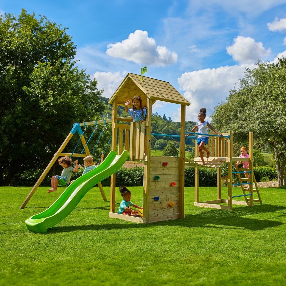 image 1 of TP Skywood Wooden Tower Climbing Frame with Ripple Slide, Sky Bridge, Mini Tower & Double Swing Arm - FSC® certified