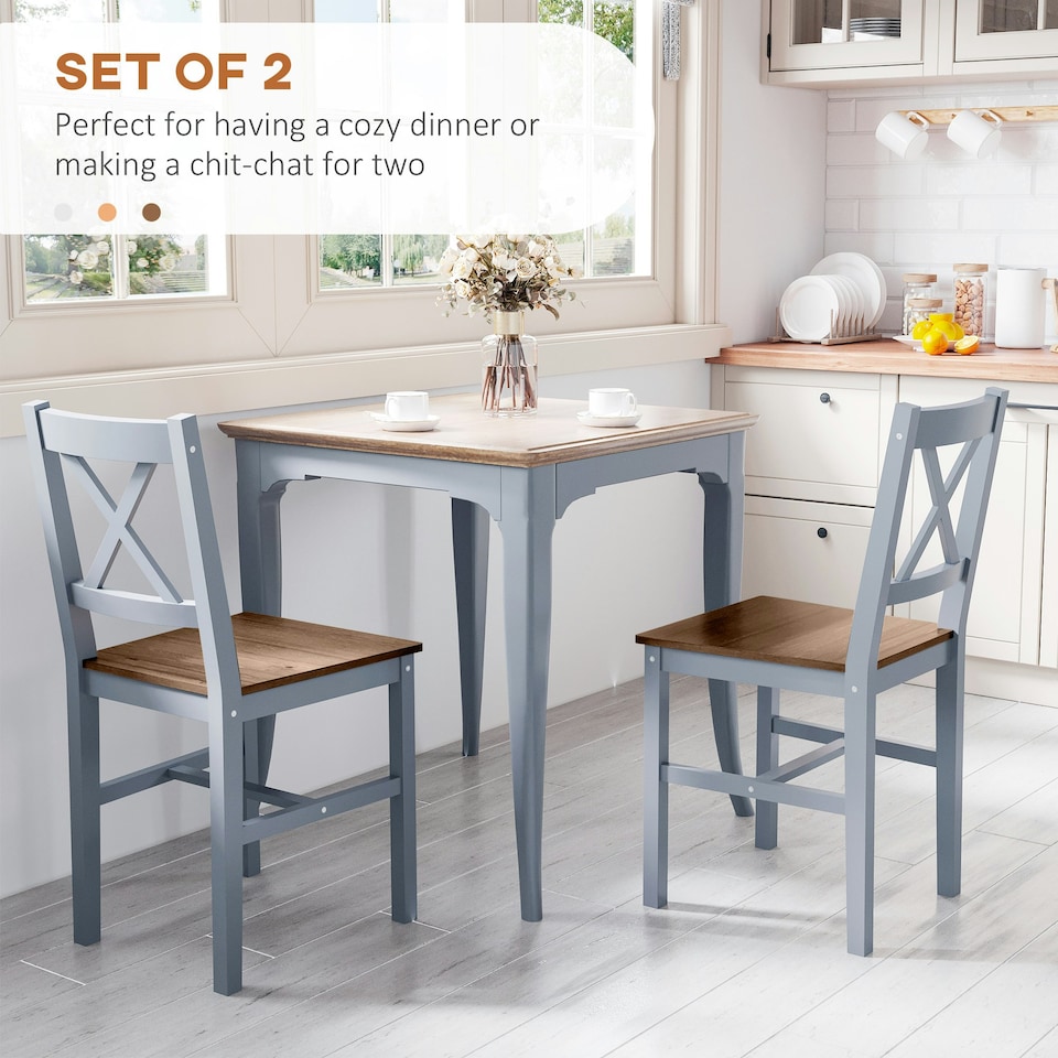 image 1 of HOMCOM Dining Chairs Set of 2, Pine Wood Frame, Cross Back for Kitchen Grey