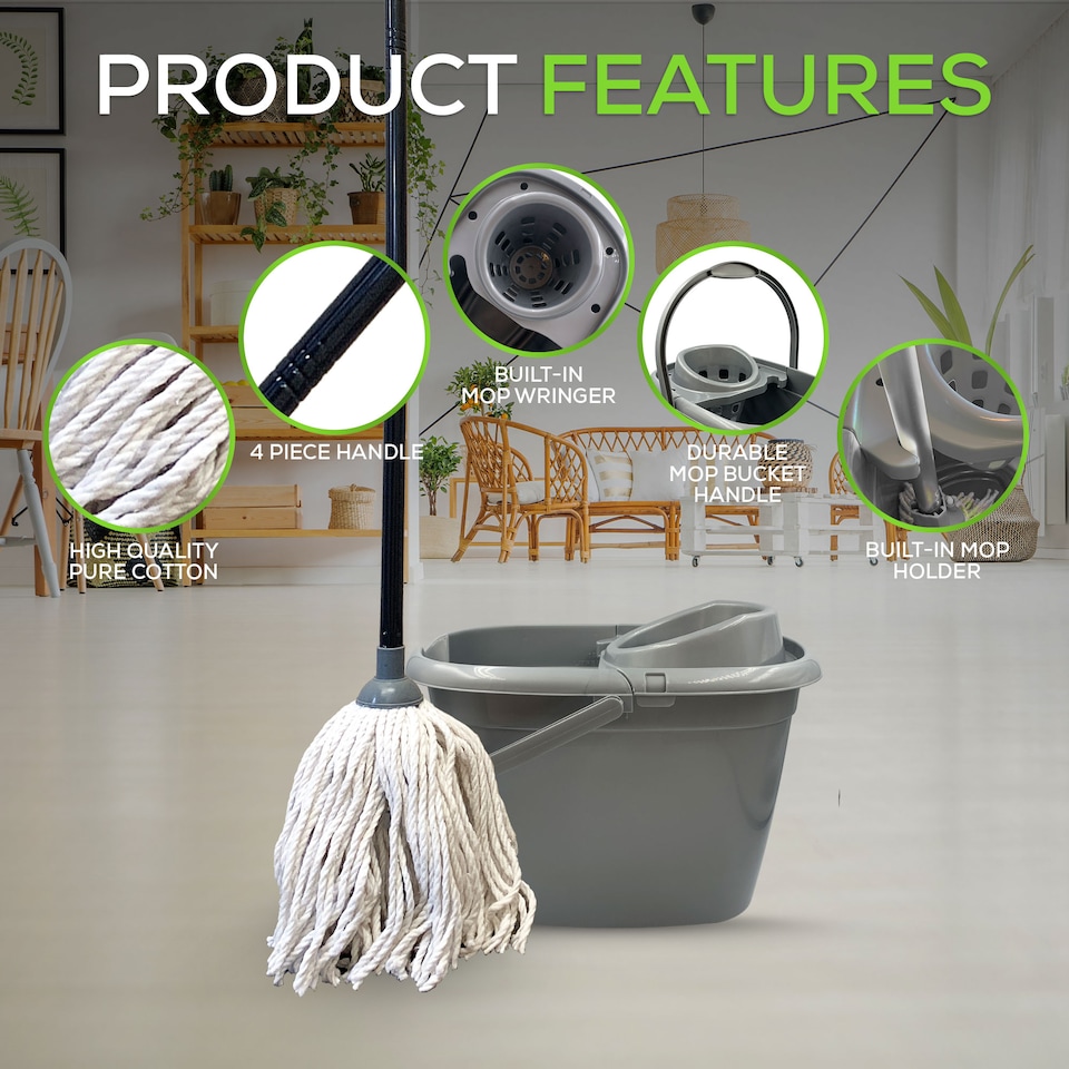 image 1 of Traditional Pure Cotton Mop and Bucket Set 12L Grey Floor Cleaner with Wringer