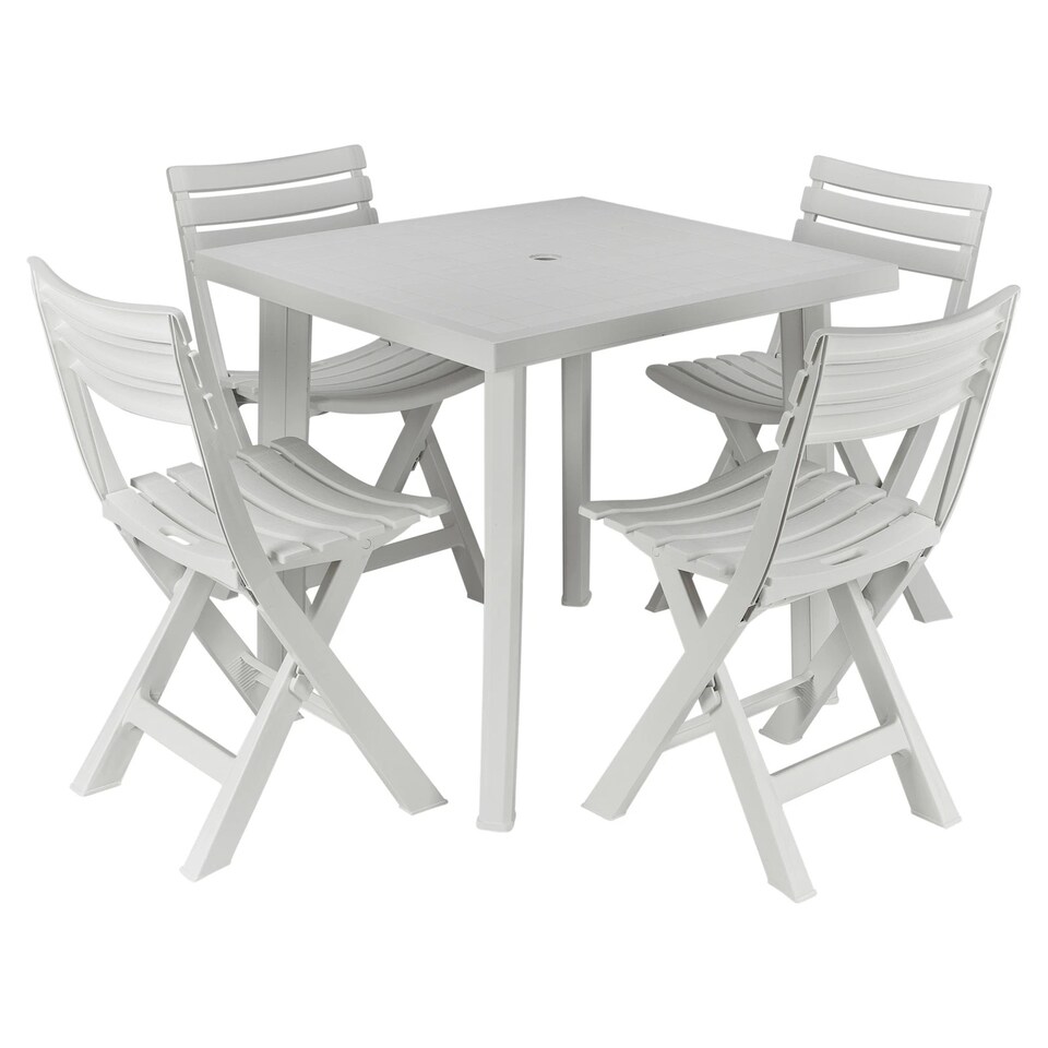 image 1 of White Plastic Garden Dining Table with Chairs Set Patio Deck Outdoor Furniture | White | White | 5 Piece Set