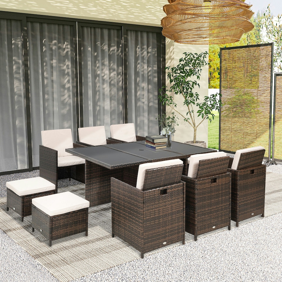 image 1 of Outsunny 11PC Garden Rattan Dining Set Cushion Patio Table Chair Conservatory
