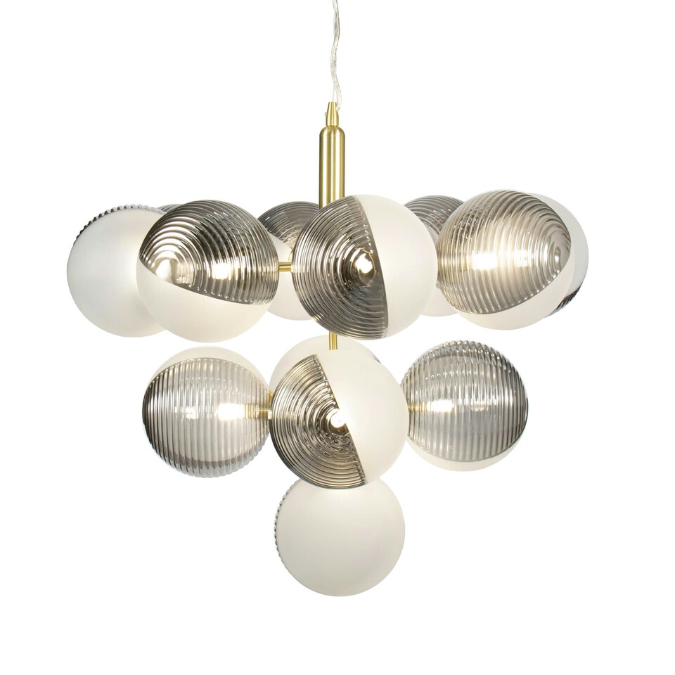 image 1 of BHS Emile Ceiling Pendant with Smoked and Opal Glass Shades, Satin Brass
