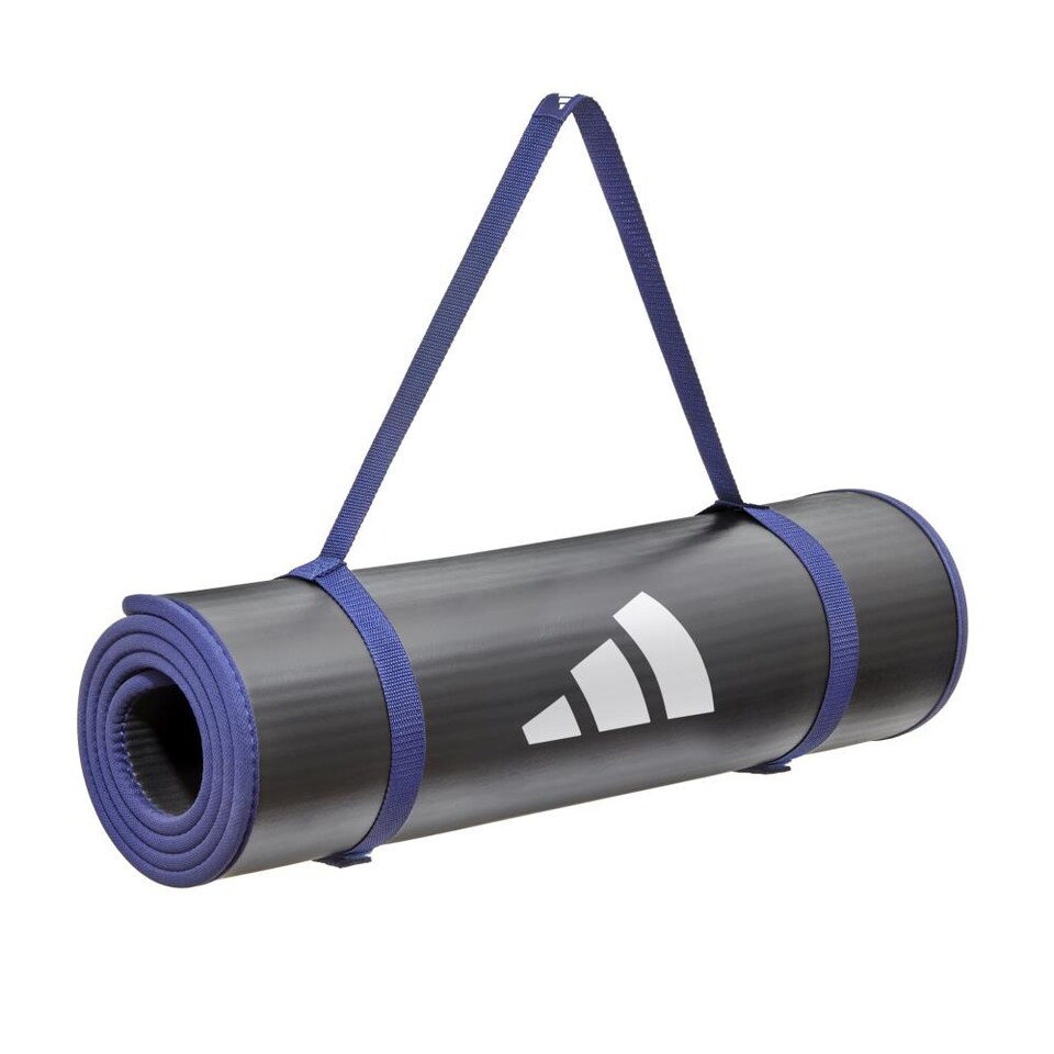 image 1 of Adidas 10mm NBR Training Mat — Cushioned, Non-slip Yoga & Exercise Mat with Carry Strap. | Black | Blue | 183cm (L) x 61cm (W) x 1cm (H)