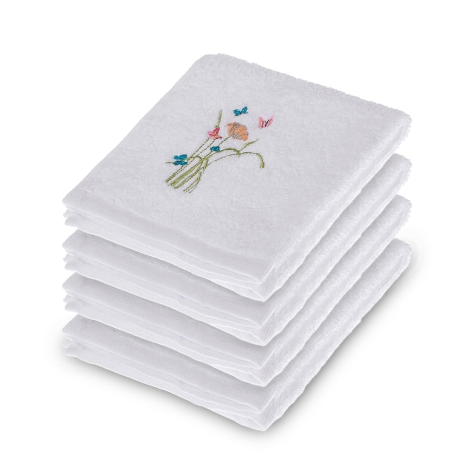 image 1 of Homescapes Turkish Cotton Embroidered Butterfly White Face Cloth - Set of 4