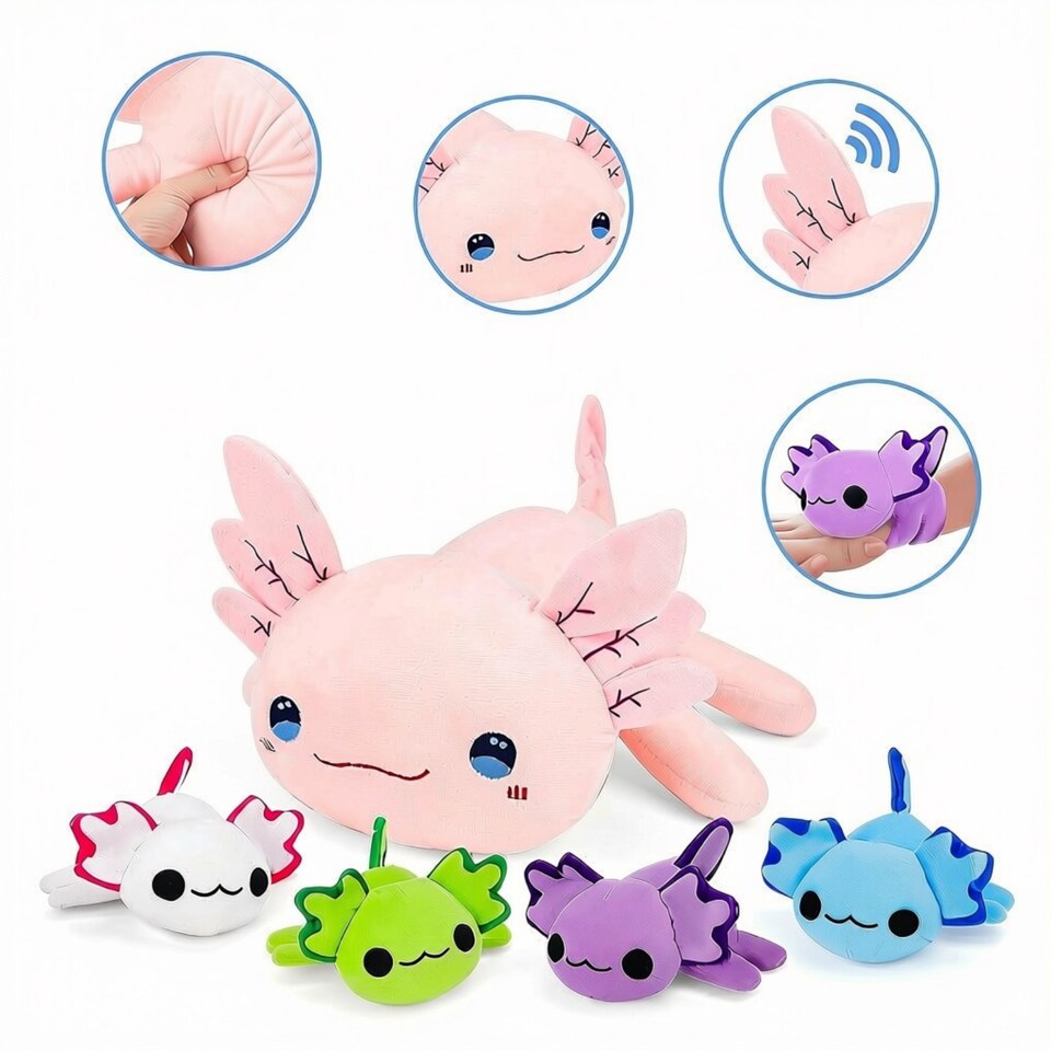 image 1 of Axolotl Plush Toy Set – 5PCS Cute Axolotl Stuffed Animals with Slap Bracelets – Soft Kawaii Plush Pillow for Kids
