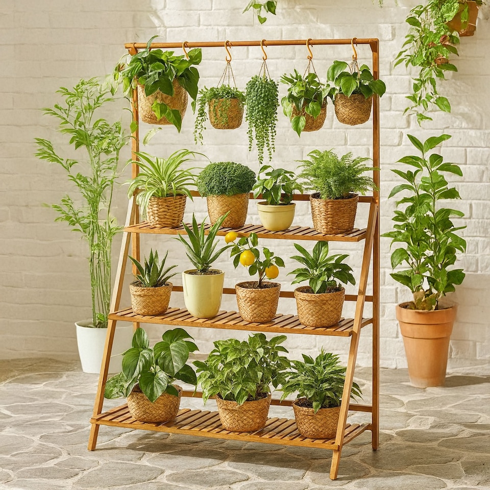 image 1 of Neo 3‑Tier Foldable Indoor & Outdoor Bamboo Plant Stand with Hanging Hook