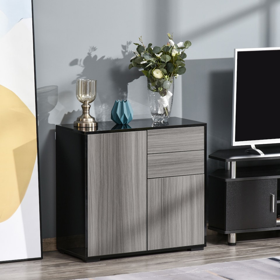 image 1 of HOMCOM High Gloss Frame Sideboard, Side Cabinet, Push-Open Design with 2 Drawer for Living Room, Bedroom, Light Grey and Black